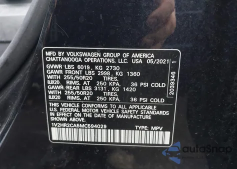 2021 Volkswagen Atlas 3.6L V6 Se W/Technology из США, поврежденный, VIN 1V2HR2CA5MC594029